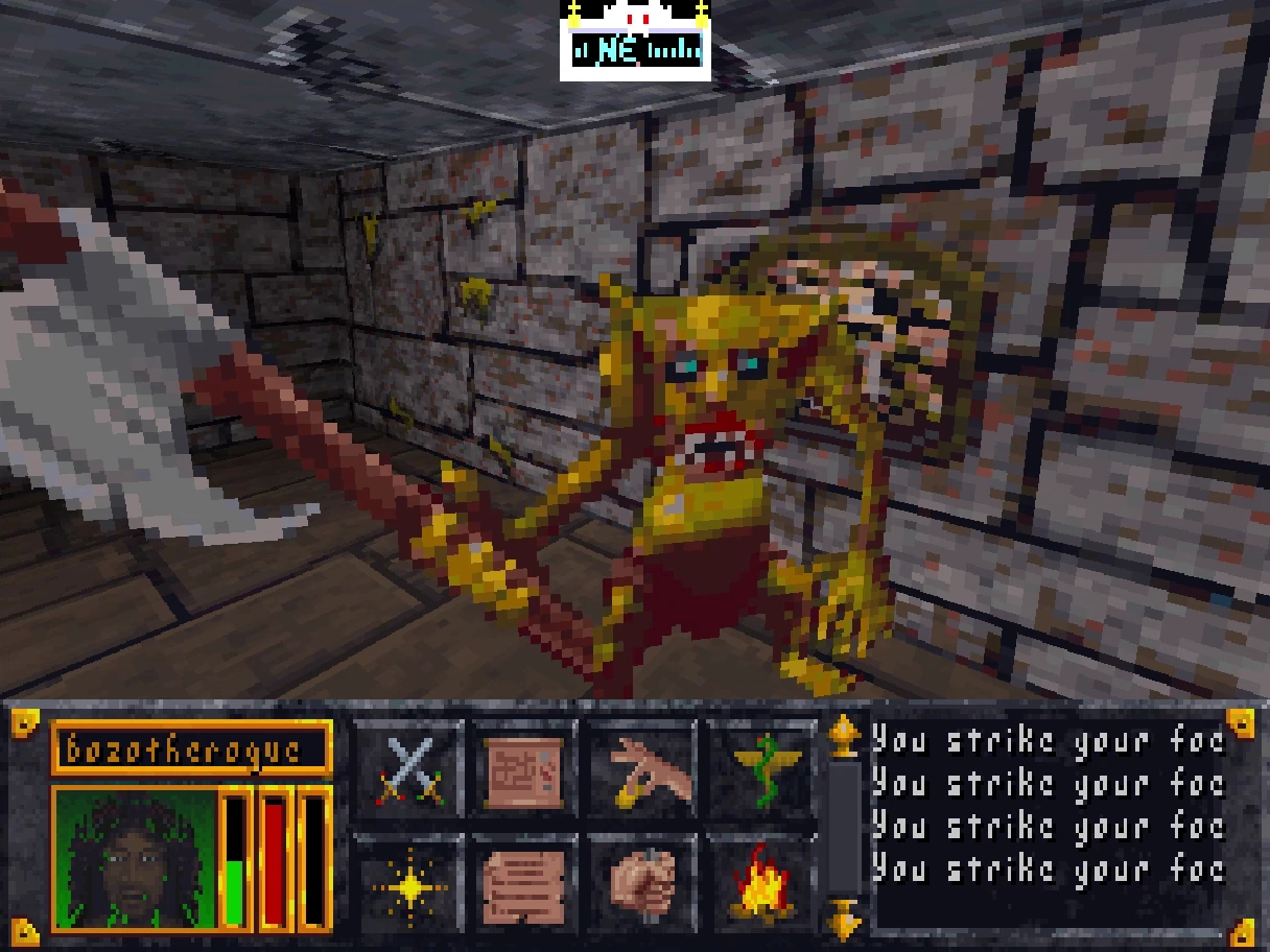 Arena Rebuilt development build showing close combat with a goblin in the starting dungeon
